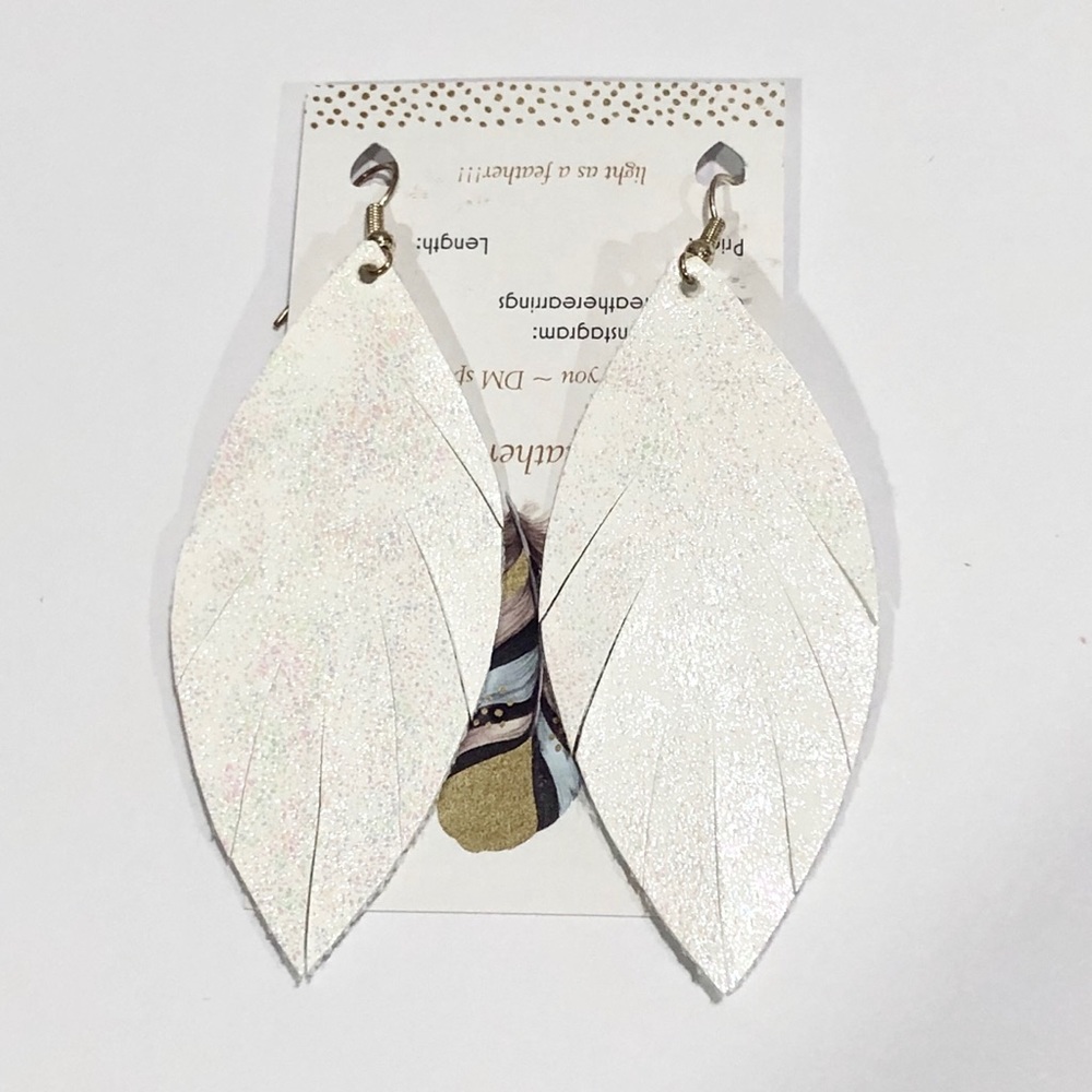 Leather Feather Earrings White Iridescent